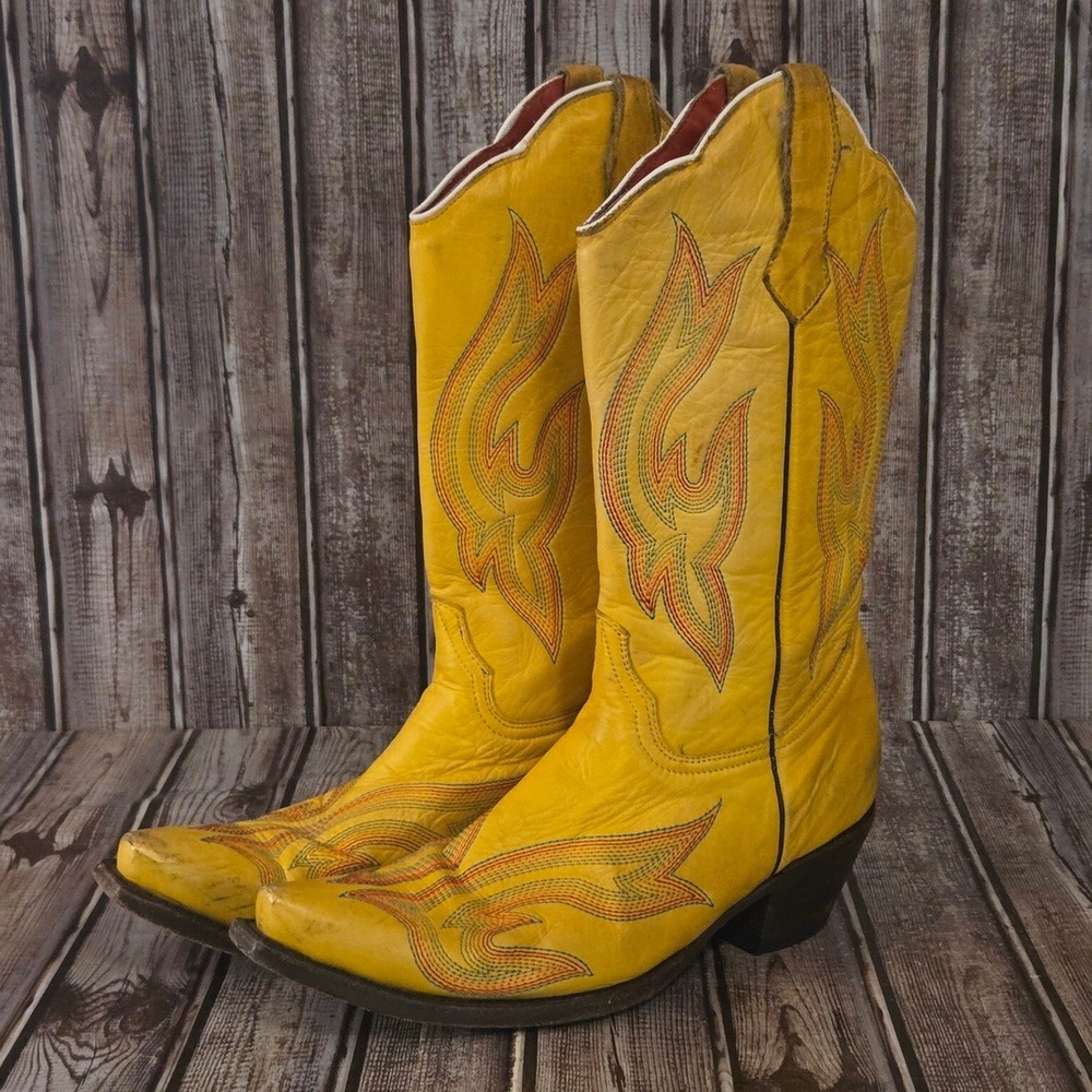 Sz 11 Womens Planet Cowboy Psychedelic Yellow Leather Flame Western Boots